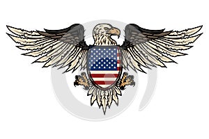 Illustration of eagle with american flag. Design element for poster, flyer, emblem, sign.