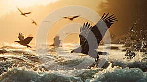 Eagles flying out of water and hovering at dawn