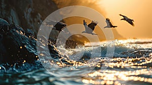 Eagles flying out of water and hovering at dawn