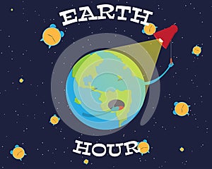 Illustration of Earth hour. Cartoon earth is going to turn off the lights