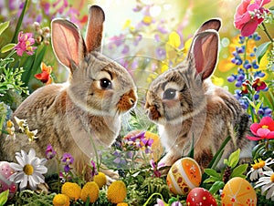 An illustration of Easter bunnies and eggs captures the festive spirit of the holiday