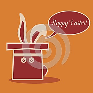 Illustration of easter bunny in the hat with speech bubble.