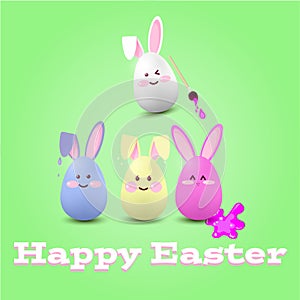 Illustration.Easter eggs-hares of blue, red,white color on a green background with the inscription