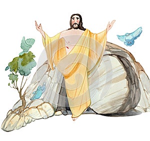 Illustration of Easter Jesus Christ is risen, coffin, cave of resurrection, isolated on white background watercolor hand drawn