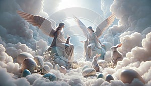 illustration of Easter scene in Paradise with angels, Easter bunny, Easter eggs in clouds