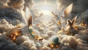 illustration of Easter scene in Paradise with angels, Easter bunny, Easter eggs in clouds