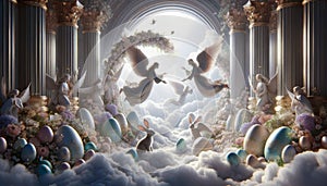 illustration of Easter scene in Paradise with angels, Easter bunny, Easter eggs in clouds