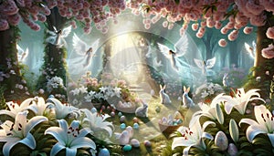 illustration of Easter scene in Paradise with angels, Easter bunny, Easter eggs on green meadow