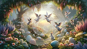 illustration of Easter scene in Paradise with angels, Easter bunny, Easter eggs on green meadow