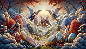 illustration of Easter scene in Paradise with angels, Easter bunny, Easter eggs on green meadow