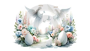 illustration of Easter scene in Paradise with angels, Easter bunny, Easter eggs in soft pastel tones