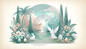 illustration of Easter scene in Paradise with angels, Easter bunny, Easter eggs in soft pastel tones