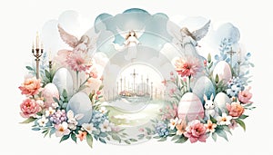 illustration of Easter scene in Paradise with angels, Easter bunny, Easter eggs in soft pastel tones