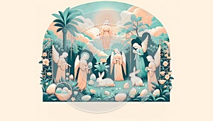 illustration of Easter scene in Paradise with angels, Easter bunny, Easter eggs in soft pastel tones