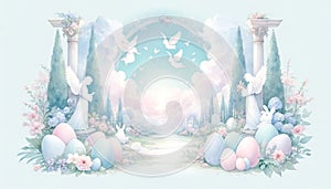 illustration of Easter scene in Paradise with angels, Easter bunny, Easter eggs in soft pastel tones