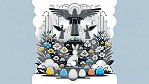 illustration of Easter scene set in Paradise with angels, Easter bunny, Easter eggs. black and white