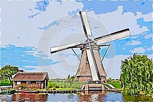 Traditional Dutch windmill with its house illustration