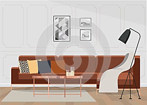 Illustration of an eclectic living room interior with a comfortable velvet corner sofa with cushions.