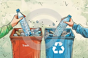Illustration of eco-friendly waste disposal with a person sorting recyclables into bins
