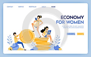 Illustration of economy for women. Men hold money and women sit on money for anti-patriarchy economy, finance, investment and photo