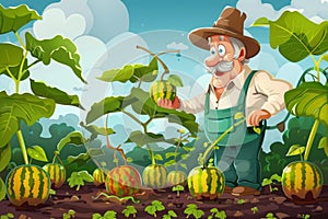 illustration of an elderly cartoon melon grower joyfully inspecting a watermelon in a field, with oversized watermelons
