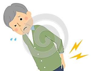 It is an illustration of an elderly man who has pain in the lower back.