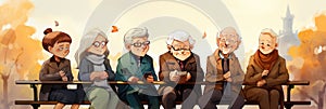 An illustration of elderly people sitting on a bench, AI