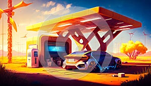 An illustration of an electric car at gas station. Generative AI