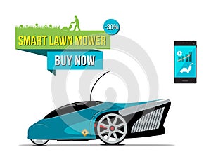 Illustration with electric smart lawnmower.