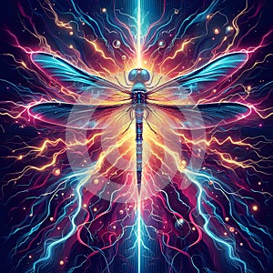 Illustration of an electrified dragonfly with mylar background.