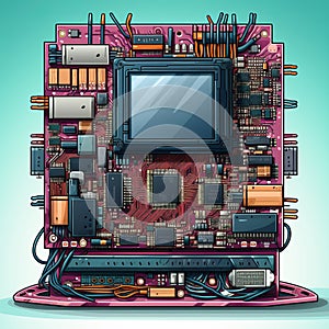 an illustration of an electronic circuit board on a blue background