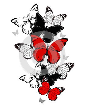 Illustration, elegant flying red, black and white butterflies. Wedding invitation, print, poster, wall art.