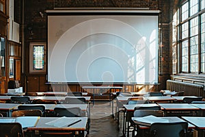 Elegant  a large, blank white projector screen was set up in an empty university classroom with desks and chairs arranged nea