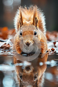 Elegant  red squirrel drinking water from pond in forest, with reflection on the surface of water