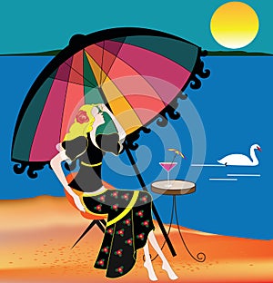 Illustration of an elegant woman on the beach
