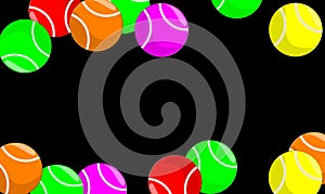 Graphic with black background. Sport. Set of tennis balls in classic colors.