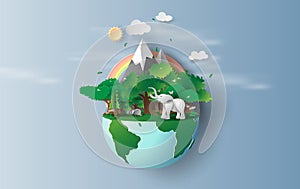 Illustration of elephant in green trees forest,Creative Origami design world environment and earth day concept idea.Landscape