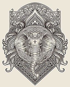 Illustration of Elephant head with vintage engraving ornament