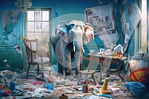 Illustration of a elephant in the room. Metaphor, stress, comfort concept. Generative Ai