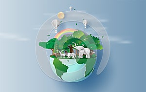 Illustration of elephants in forest,Creative Origami design world environment and earth day paper cut and craft concept.Landscape