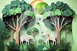 Illustration of elephants in green trees forest,Creative Origami design world environment