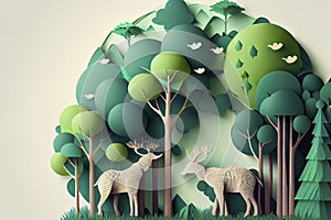 Illustration of elephants in green trees forest,Creative Origami design world environment