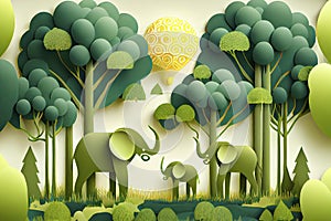 Illustration of elephants in green trees forest,Creative Origami design world environment