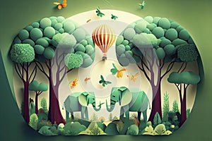 Illustration of elephants in green trees forest,Creative Origami design world environment