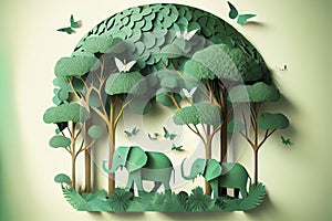 Illustration of elephants in green trees forest,Creative Origami design world environment