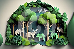 Illustration of elephants in green trees forest,Creative Origami design world environment