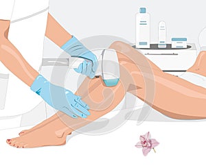 Illustration.Elos epilation, hair removal procedure on a woman’s body. Beautician doing laser rejuvenation in a beauty salon.