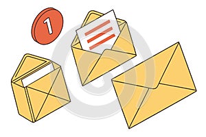 Illustration of email envelopes and notification icon isolated on white background, representing communication