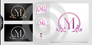 Illustration of a emblem monogram, Set of label initial YM or MY letter, Circle gold frame border with ornament pattern.