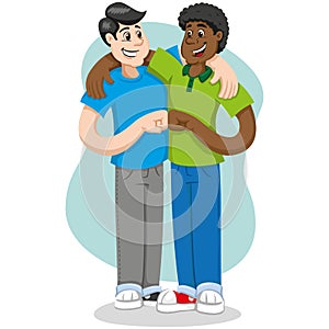 Illustration embrace of friends, friendship and interracial companionship. Against prejudice and segregation